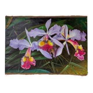 2000's Ashrami Tropical Orchids Oil on Canvas Painting – Signed, Unframed For Sale