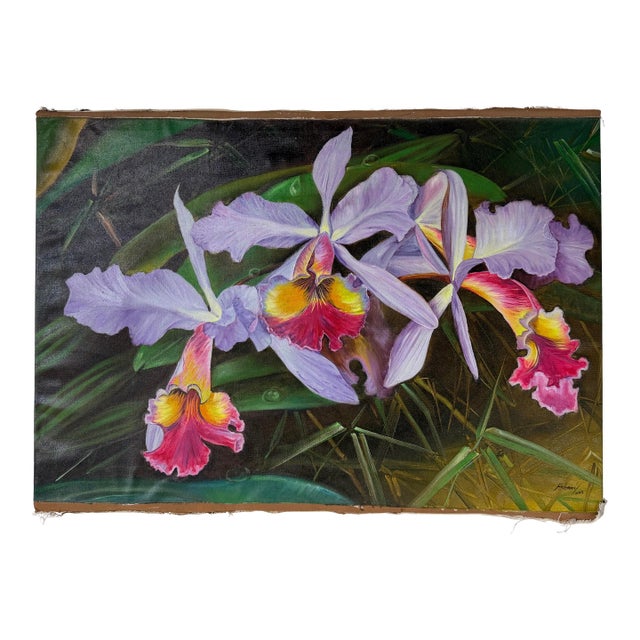 2000's Ashrami Tropical Orchids Oil on Canvas Painting – Signed, Unframed For Sale