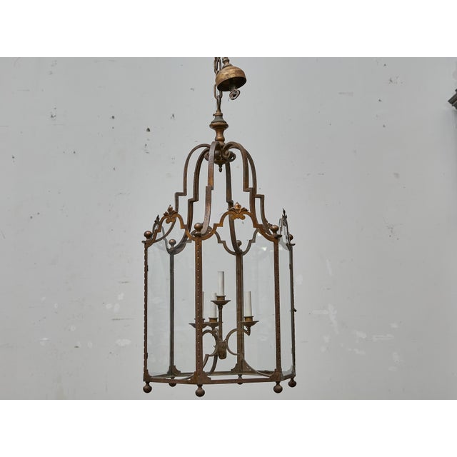 Tall French Wrought Iron Lantern With Glass Panels and Scroll Detailing - 1900s For Sale - Image 12 of 18