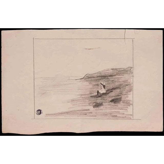 The Girl by Shore is an original drawing in pencil realized in the early 20th Century by Edmond Cuisinier (1857-1917)....