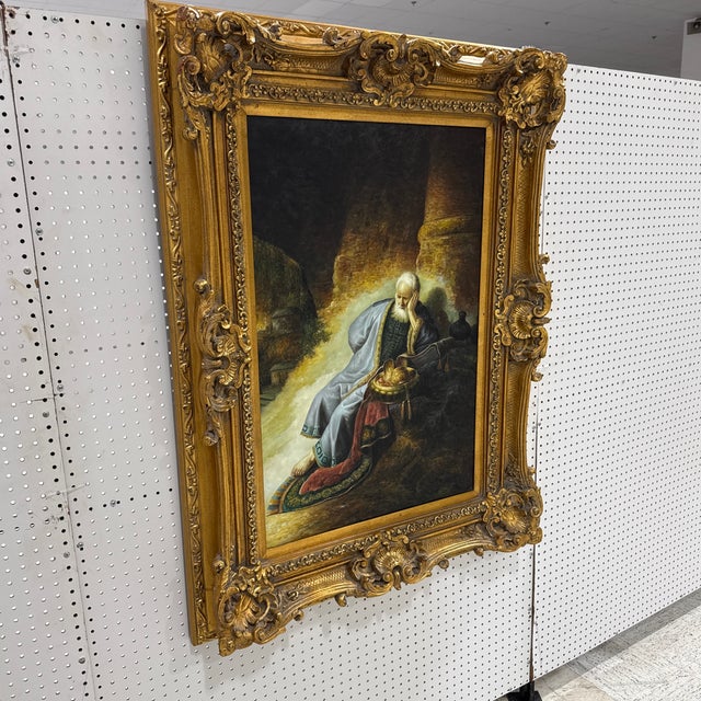 Vintage Rembrandt Jeremiah Lamenting Jerusalem Oil Painting Framed Baroque Art For Sale - Image 4 of 7