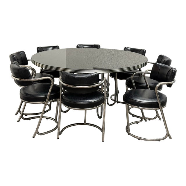 Late 20th Century Attribute to Donald Deskey French Art Deco Table + Eight Chairs Set For Sale