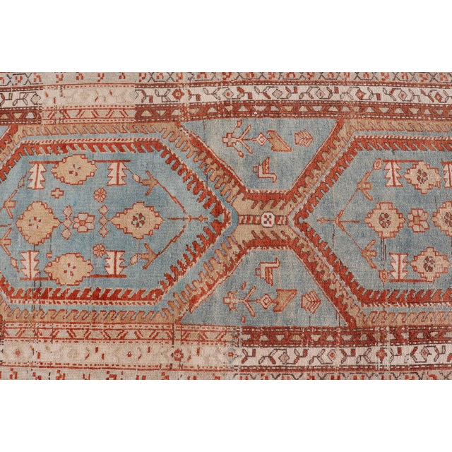 Sky Blue Hand-Knotted Antique Persian Karajeh Runner With Sub-Geometric Tribal Medallions 3'2 X 10'8 For Sale - Image 8 of 13