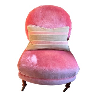 Vintage Pink Velvet Slipper Chair Features a Rounded Back and Mahogany Legs With Casters, Similar Style to French Louis XVI Accent Seating For Sale