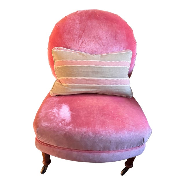 Vintage Pink Velvet Slipper Chair Features a Rounded Back and Mahogany Legs With Casters, Similar Style to French Louis XVI Accent Seating For Sale