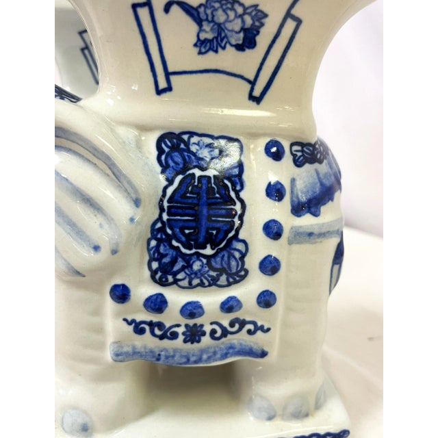 Vintage Blue and White Chinoiserie Ceramic Elephant Plant Stands- a Pair For Sale - Image 10 of 12