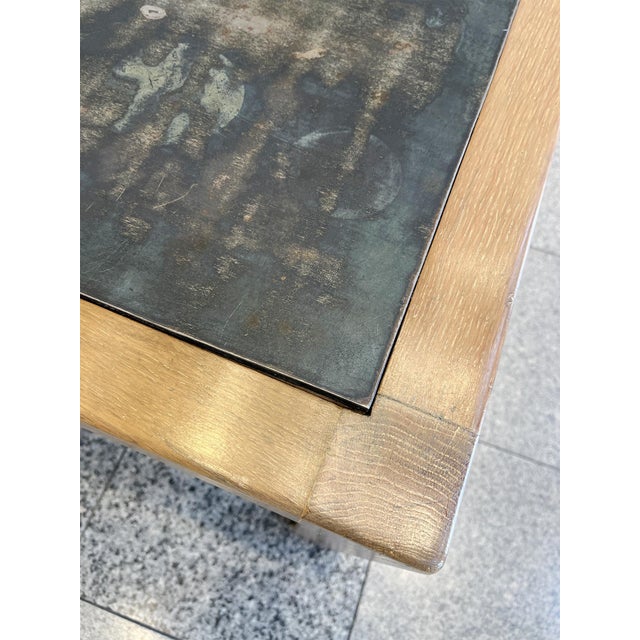 Tan Vintage Oak & Steel Top Square Coffee Table For Sale - Image 8 of 12