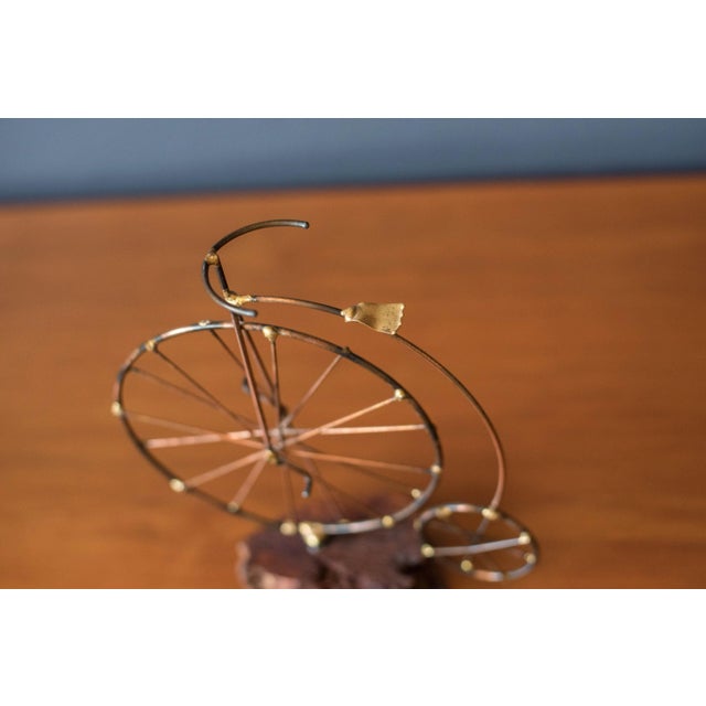 1970s Vintage High Wheel Bicycle Metal Sculpture on Burl Wood Base For Sale - Image 5 of 9