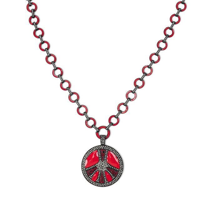 Early 21st Century Bochic Ikon Bijoux Collection Red Hot Enamel Retro Necklace With White Topaz For Sale - Image 5 of 6