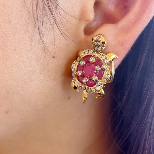 Bochic "Orient" Vintage Ruby & White Topaz Turtle Earrings Set 18K Gold & Silver, A Pair For Sale - Image 12 of 18
