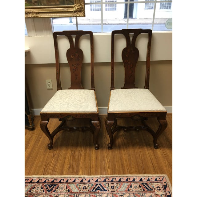 Antique English circa 1900 pair of Adams style painted slip seat chairs with exuberantly shaped stretcher base. Wonderful...