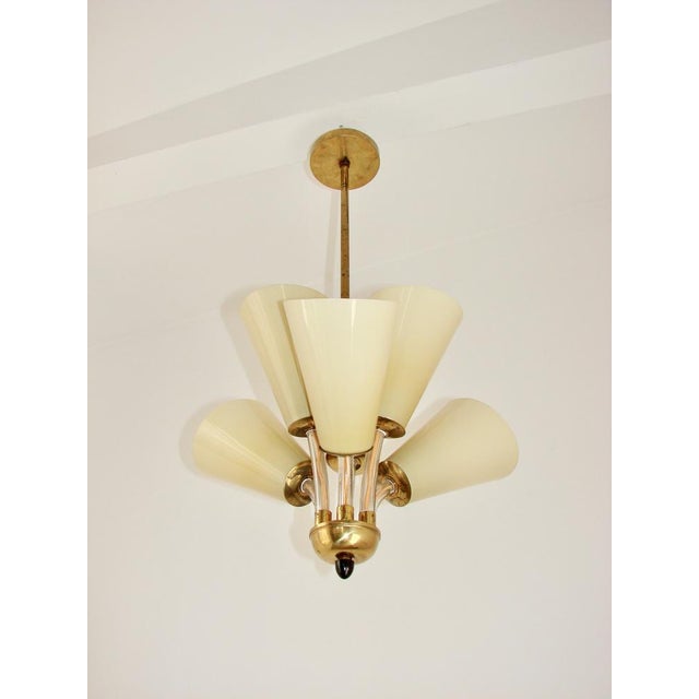 1950s Chandelier in Brass and Glass, Kamenický Šenov, Czechoslovakia, 1950s For Sale - Image 5 of 9
