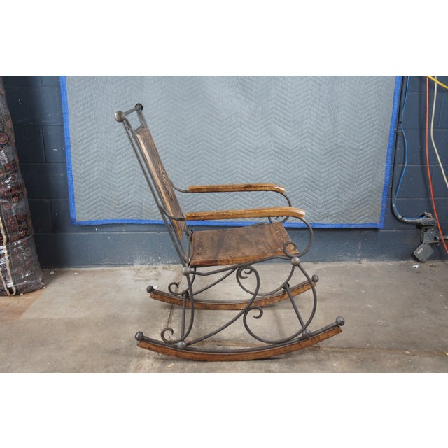 Late 20th Century British Colonial Style Wrought Iron Carved Mahogany Rocking Armchair For Sale - Image 9 of 12