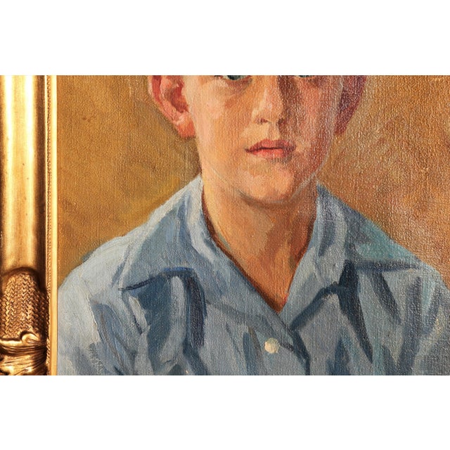 Mid 20th Century Hans Christian Barenholdt Figurative Yellow and Blue-Toned Realistic Impressionist Portrait of a Boy, 1940s For Sale - Image 5 of 10