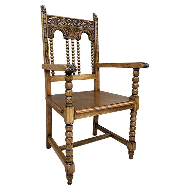 19th-Century French Carved Oak Turned Wood Armchair For Sale