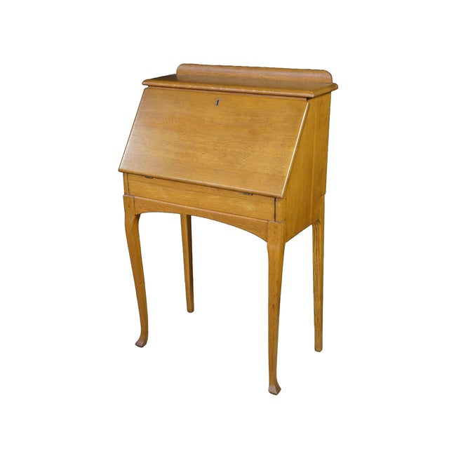 Victorian Antique Late Victorian Petite Oak Slant Top Secretary Ladies Writing Desk 26" For Sale - Image 3 of 6