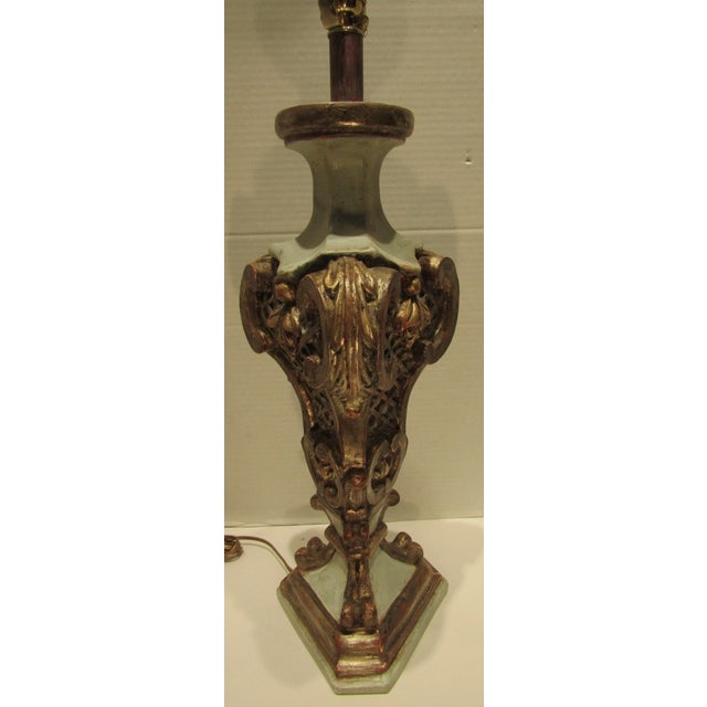 1970s Italian Baroque Style Hand Carved Wood Lamps Silk Shades - a Pair For Sale - Image 17 of 17