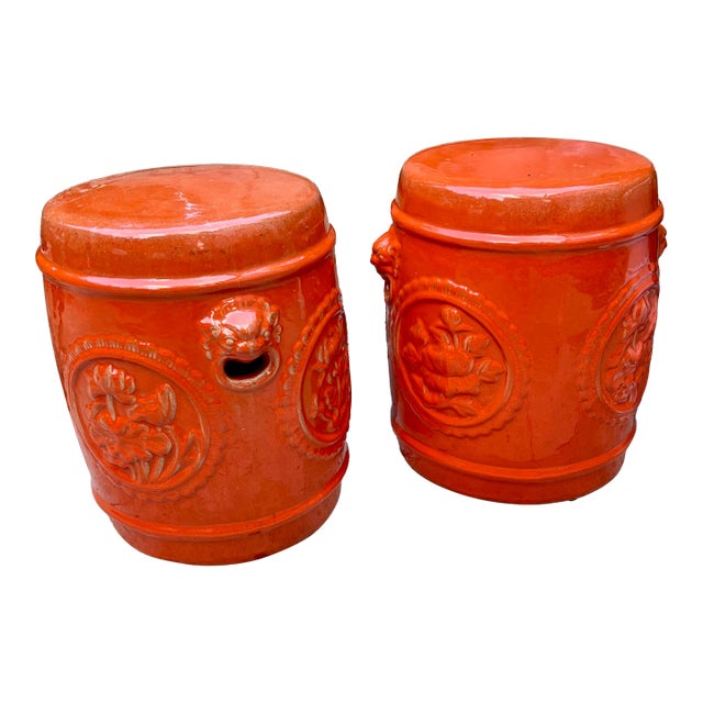 Mid Century Orange Ceramic Garden Stools With Floral Medallions & Lion Head Handles For Sale