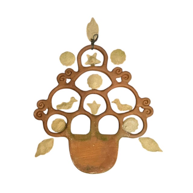 Vintage Mexican Clay Tree of Life Folk Art Terracotta Pottery Wall Pocket / Planter / Scullture With Leaves, Birds, & Flowers For Sale - Image 4 of 7