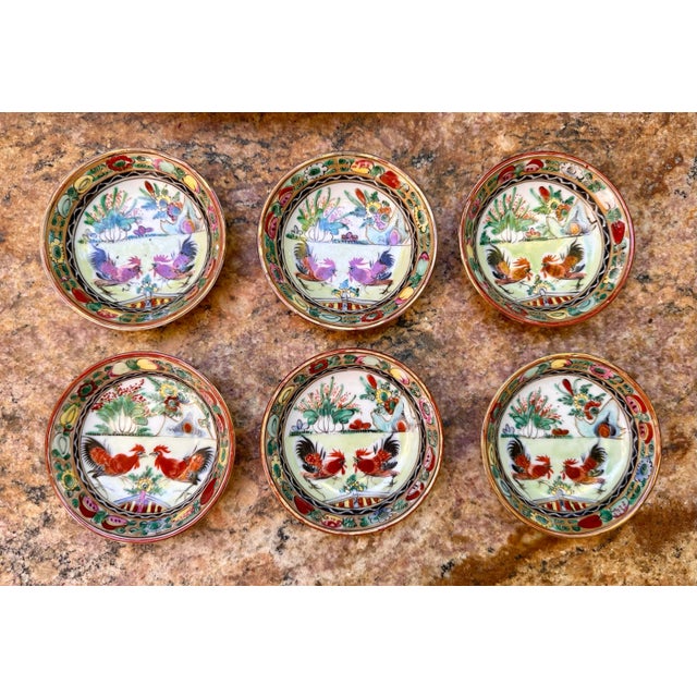 Vintage Chinese Hand Painted Porcelain Rooster Chinoiserie Motif 14 Piece Tea Set For Sale In San Diego - Image 6 of 12