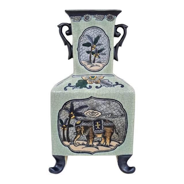 Baum Bros Formalities Ceramic Vase – Elephant & Palm, Crackle Glaze For Sale