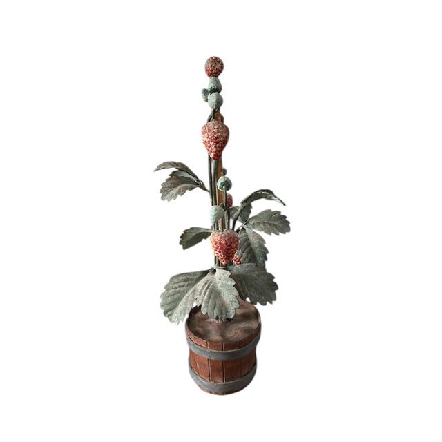 Metal Vintage Italian Tole Peinte Potted Strawberry Plant Sculpture / Toleware Floral / Flower Arrangement, Made in Italy, a Pair For Sale - Image 7 of 12