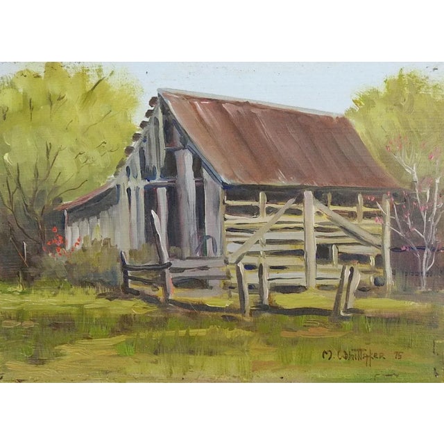Small Vintage Rustic Barn and Landscape Painting For Sale - Image 4 of 4