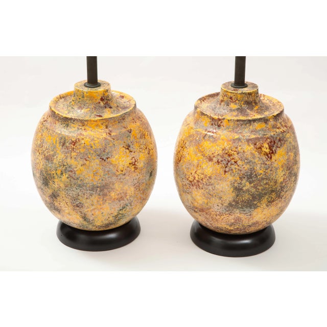 Italian Large Italian Ceramic Lamps with a "Scavo" Glazed Finish - A Pair For Sale - Image 3 of 10