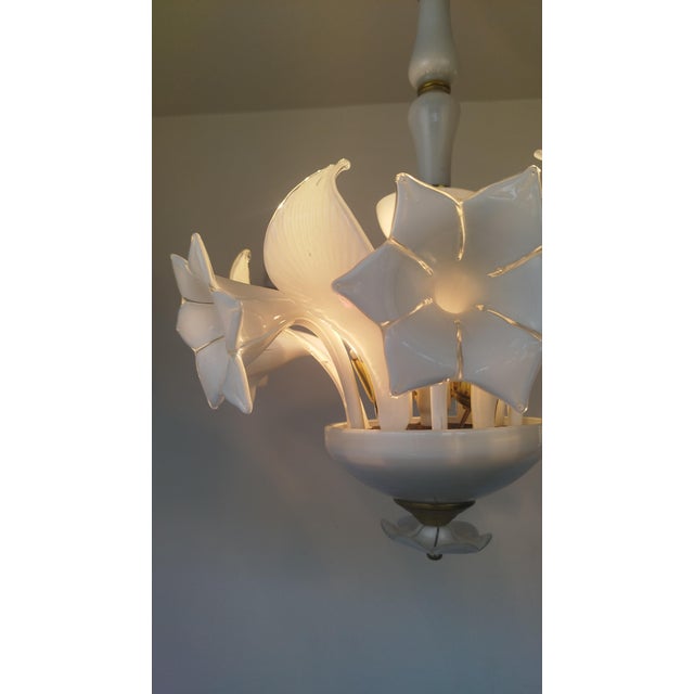 White Vintage Italian White Murano Styled Calla Lilly Chandelier Brass Lighting 1970s For Sale - Image 8 of 17