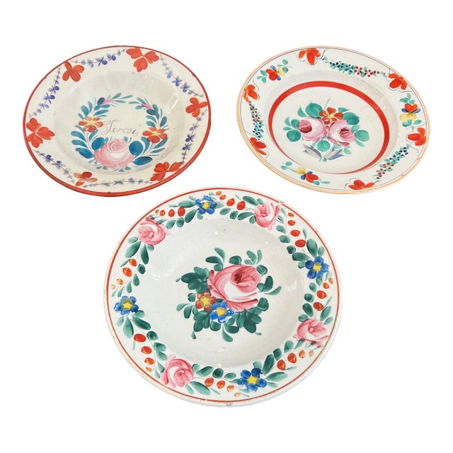 Antique Hungarian Folk Art Pottery Plates - Set of 3 For Sale