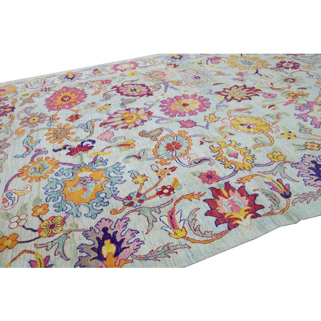 Blue Modern Oushak Handmade Multicolor Floral Pattern Oversize Blue Wool Rug For Sale - Image 8 of 10