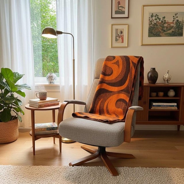 Dutch Pure Wool Throw Blanket in Orange and Brown Swirl from Aabe, 1970s For Sale - Image 9 of 12
