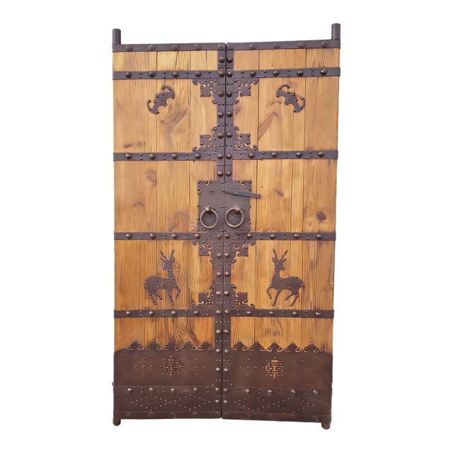 Antique Chinese Wood Door Panels With Iron Deer & Bat Motifs For Sale