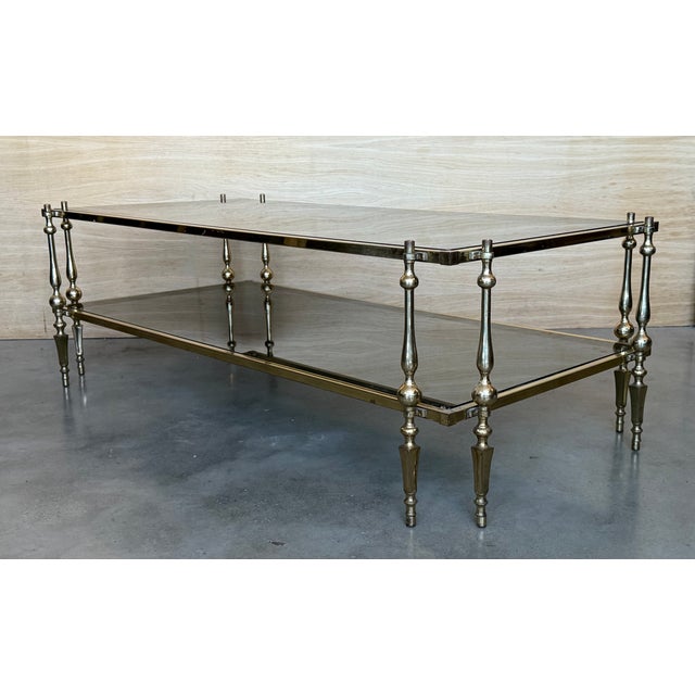 Mid-Century Modern Two-Tier Brass With Fumé Glass Rectangular Side Table For Sale - Image 9 of 9
