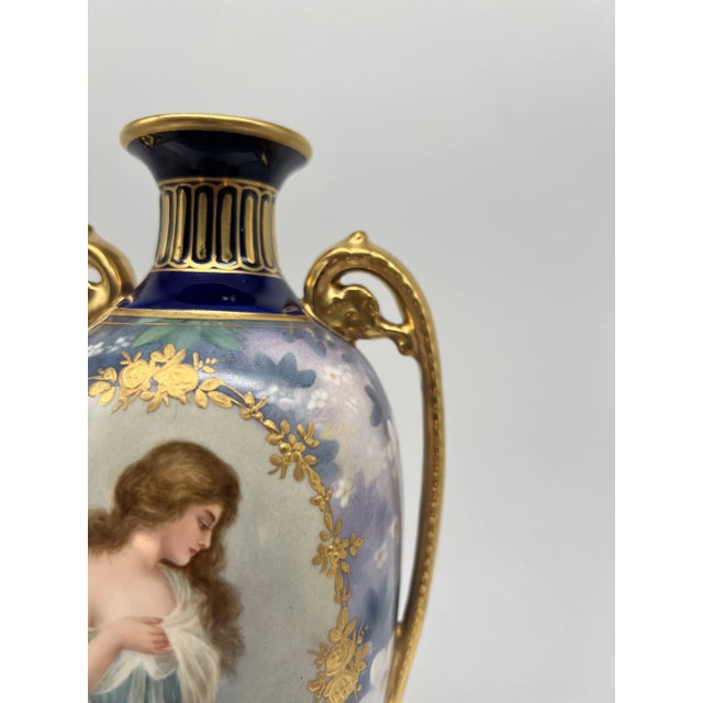 Ceramic Royal Bonn Lovely Lady Cobalt & Gilt Porcelain Pedestal Vase Signed J. Duren For Sale - Image 7 of 12