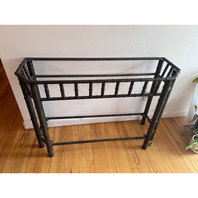 Vintage Metal Faux Bamboo Console Table With Glass Top & Lower Shelf Elegant vintage console table crafted in a classic...