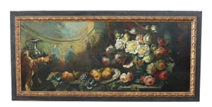 Still Life with Flowers and Fruits, 1800s, Large Oil on Canvas, Framed