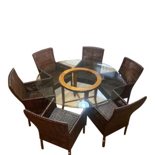 Crate and Barrel Glass Top Table and 6 Rattan Chairs - 7 Pieces For Sale