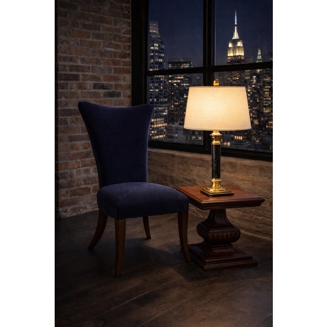 1970s Vintage Neoclassical Brass & Black Marble Column Table Lamp — 33” Tall With Linen Shade For Sale - Image 5 of 7