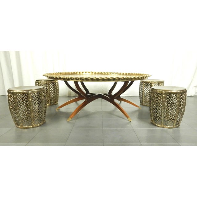 Metal Moorish Moroccan Hookah Lounge Tooled Brass Tray Coffee Table and 4 Stools - Set of 5 For Sale - Image 7 of 8