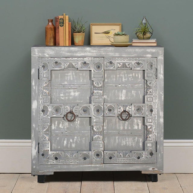 Farmhouse 1990s Farmhouse Style Distressed Gray 2-Door Carved Wood Cabinet For Sale - Image 3 of 7