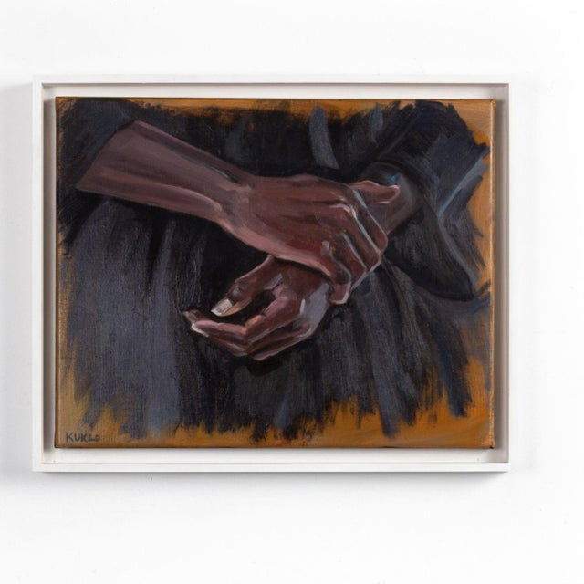 About the painting: this striking artwork features a pair of hands intertwined against a dark, textured background that...
