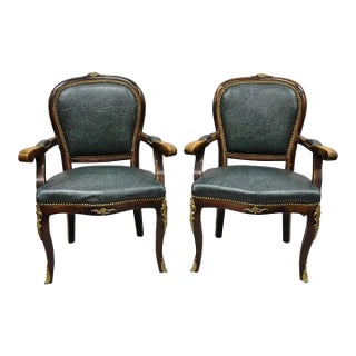 Vintage French Louis XV Style Solid Wood Bronze Ormolu Arm Chairs - A Pair For Sale
