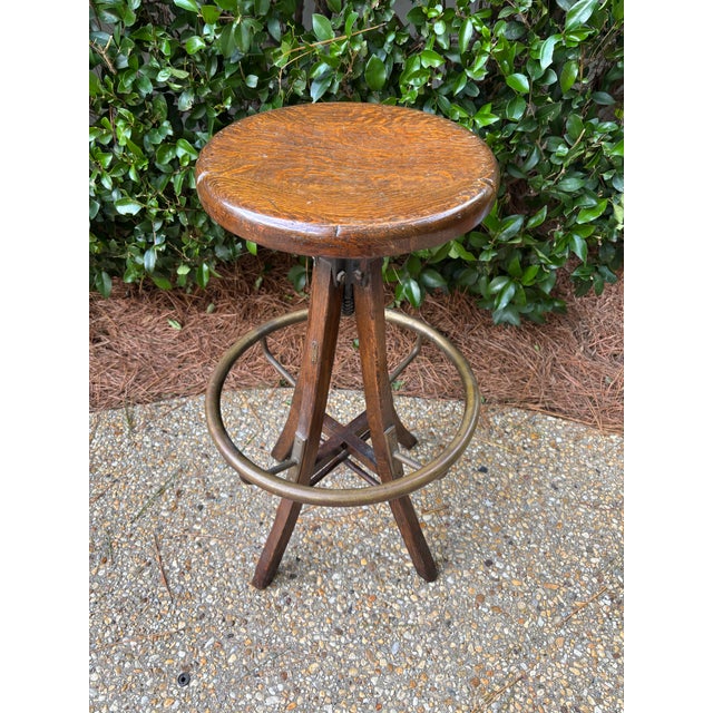 Early 20th Century Early Twentieth Century Heavy Solid Wood and Brass Swivel Industrial Drafting Stool For Sale - Image 9 of 9