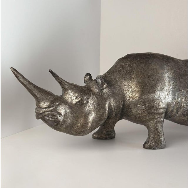Rhino Sculpture in Platinum Toned Metallic Finish, 1980s For Sale - Image 4 of 7