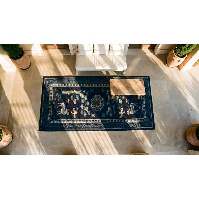 Textile Attractive Navy Background Color With Delicate Geometric Design Antique Chinese BaoTou Rug For Sale - Image 7 of 8