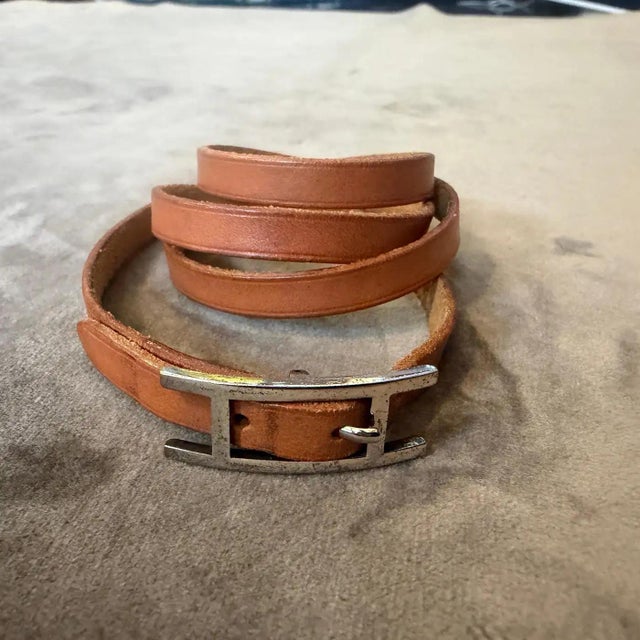 1991 Triple Wrap Brown Leather Silver Tone Bracelet by Hermes For Sale - Image 10 of 11