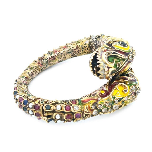 Dragon Bypass Bracelet Old Mine Cut Diamond Gems Enamel 14k Gold For Sale - Image 4 of 6