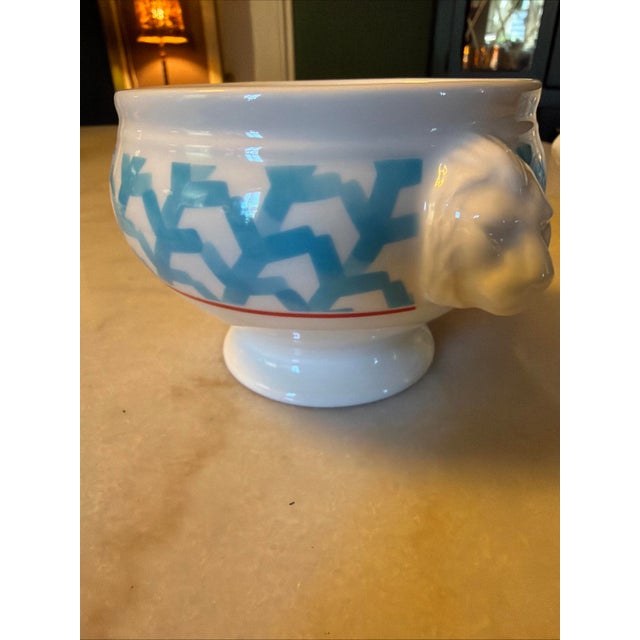 Ceramic Villeroy & Boch Lina Aqua Porcelian Pedestal Lion Head Soup Bowl Set of 2 For Sale - Image 7 of 16