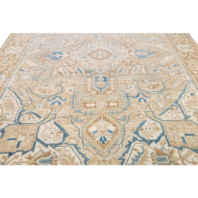 Antique Persian Heriz Handmade Medallion Tan and Blue Wool Rug For Sale - Image 9 of 11